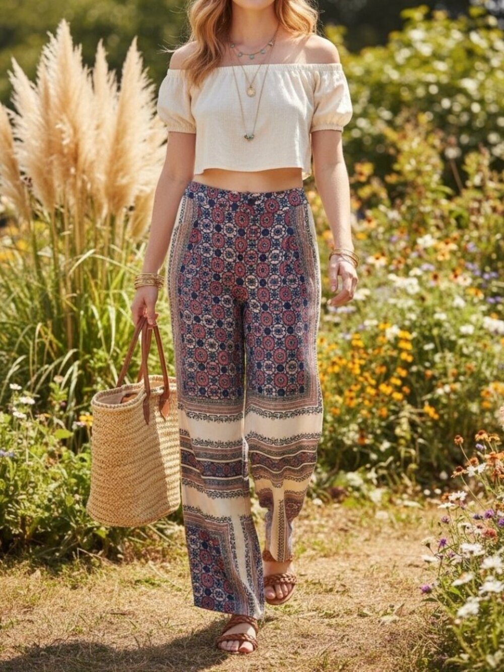 Elevenses by Anthropologie Wide Leg Pants Boho Border Print Rayon Size 2